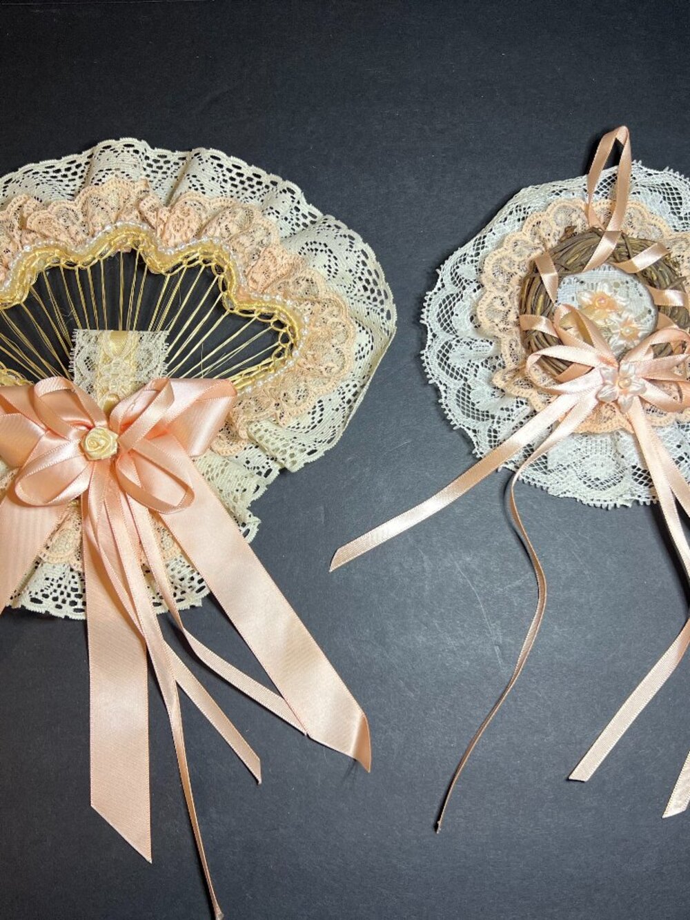 Vintage Set of 2 Cottagecore Peach & White Ruffle Lace Fan & Wreath Wall Hangers